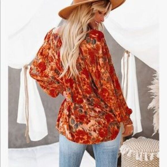 Autumn Fall Lake Floral Blouse Top - Picture 2 of 6